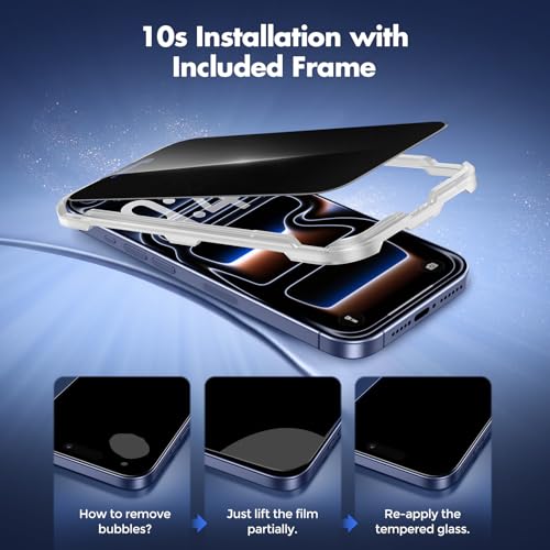 UNBREAKcable Privacy Screen Protector for iPhone 17 Pro, Full Coverage Shatterproof Tempered Glass [True 28°Anti Spy] [9H Hardness] [Easy Installation Frame] 2-Pack Private Screen for iPhone 17 Pro - size: iPhone 17 Pro