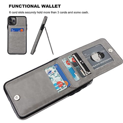 KIHUWEY for iPhone 11 Pro Max Wallet Case Card Holder Kickstand, Gray | Credit Card Slots, PU Leather, Magnetic Clasp, Flip Heavy Duty Protection Cover for Men and Women - color: Gray