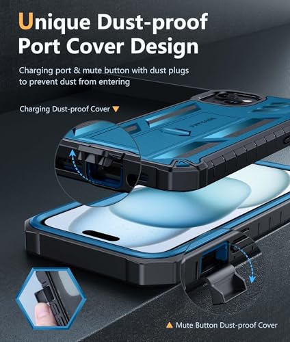 FNTCASE for iPhone 15 Plus Case, Built-in Screen Protector, Kickstand Blue | Military-Grade Drop Protection, Anti-Slip Matte Textured, Rugged Heavy Duty Shockproof TPU Protective Cover - color: Blue