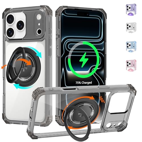 Clear Case for iPhone 17 Pro Case with Stand Compatible with MagSafe | Military Grade Heavy Duty Cover with Magnetic 360 Rotatable Ring Kickstand for Women Men, Transparent Black - color: Clear Black, size: iPhone 17 Pro