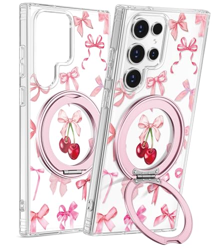 for Samsung Galaxy S24 Ultra Case with Stand - Cute Soft TPU Clear Phone Cover for Women Girls Compatible with Magsafe Girly Unique Design with Magnetic Ring for S24 Ultra, Cherry Bow - color: Cherry Bow, size: for Samsung Galaxy S24 Ultra