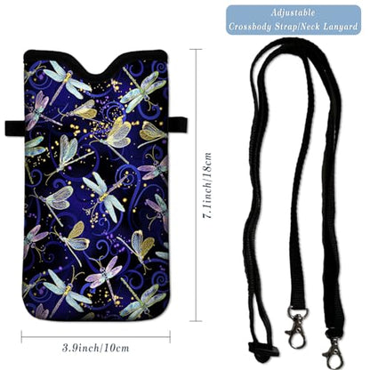 Universal Neoprene Cell Phone Pouch 7.1 X 4 in Mobile Protection Case Bag with Crossbody Strap/Neck Lanyard Dragonfly Printed Pattern - color: Dragonfly Printed Pattern