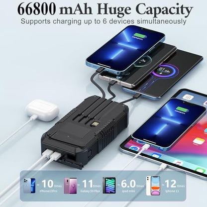Solar Power Bank 66800mAh Built in Hand Crank for Camping and Hiking - color: Black