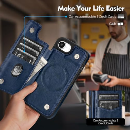 SkyEagle Compatible with MagSafe iPhone 17e / 16e Case Wallet,Blue | Magnetic Clasp,RFID Blocking,PU Leather,Flip Folio Shockproof Phone Cover,with Credit Card Slots & Kickstand for Men & Women - color: Blue