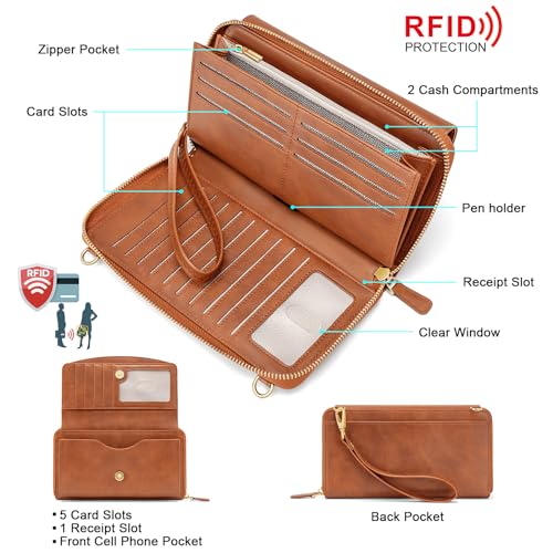 Peacocktion Womens Crossbody Wristlet Wallets with Cell Phone Pocket RFID Vegan Leather Cross Body Purses Travel - color: 02-brown