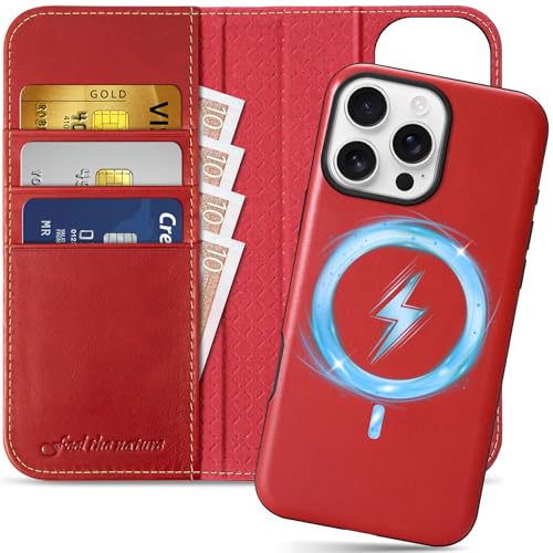 SHIELDON 2 In 1 Genuine Leather Case for iPhone 16 Pro Max 6.9", Retro Red | Detachable Wallet, Wireless Charging, RFID Blocking, Credit Card Slot, Flip Magnetic Design, Kickstand, Shockproof Cover - color: Retro Red, size: for iPhone 16 Pro Max