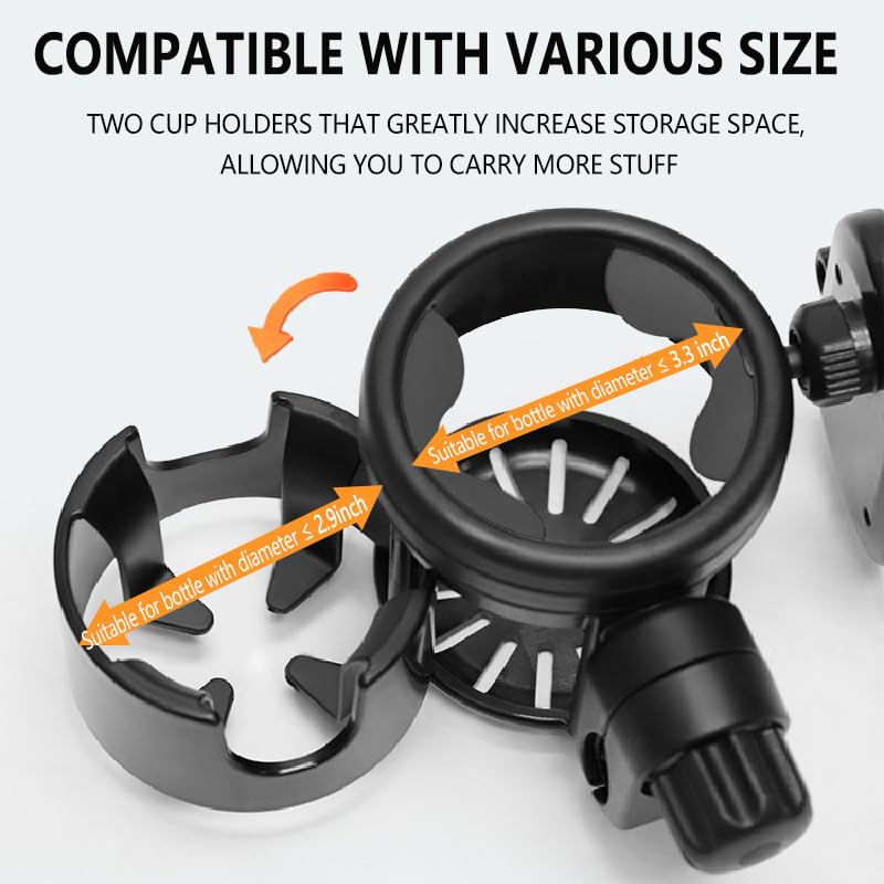 Stroller Cup Phone Holder Attachment, 3-in-1 Universal Cup Holder with Adjustable Phone Mount, Double Cup Holder for Walker Wheelchair Fits Most Donna, Uppababy, Bugaboo, Anti-Slip & Easy Install