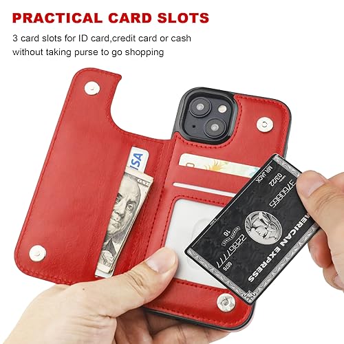 ONETOP for iPhone 15 Wallet Case with Credit Card Holder,Red | Kickstand,ID/Cash Holder,Case Wallet with Card Slots,Double Magnetic Clasp,Durable PU Leather Shockproof Cover for Women Men - color: Red