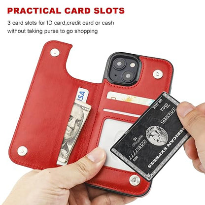 ONETOP for iPhone 15 Wallet Case with Credit Card Holder,Red | Kickstand,ID/Cash Holder,Case Wallet with Card Slots,Double Magnetic Clasp,Durable PU Leather Shockproof Cover for Women Men - color: Red