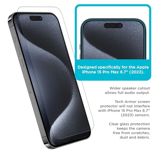Tech Armor Screen Protector for iPhone 15 Pro Max, Ballistic Glass, 3-Pack - size: iPhone 15 Pro Max - 6.7 inch