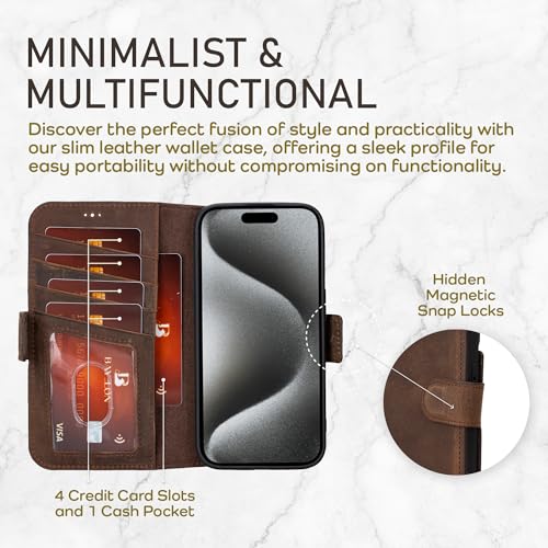 Bayelon Leather Wallet Cas for iPhone 15 Pro - Flip Cover Card Holder, iPhone 15 Pro Wallet Case, Folio Case, Kickstand, MagSafe Compatible Wallet RFID Blocking (Dark Brown) - color: Dark Brown, size: iPhone 15 Pro