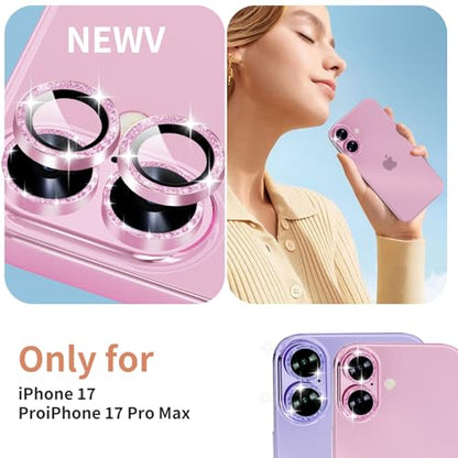 2X2 Pack Glitter Camera Lens Protector for iPhone 17,iPhone17 Lens Tempered Glass Screen Protector Bling Camera Cover Metal Individual Ring Women for iPhone-17 5G 2025,Glitter Purple
