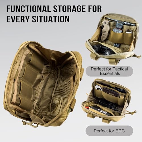OneTigris MOLLE Pouch, Tactical Admin Pouch Belt EDC Tool Organizer Zippered Utility Waist Pack 7.5"x5"x2" - color: Brown