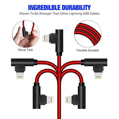 APFEN 90 Degree [3-Pack] 10FT/3M Heavy Duty iPhone Gaming Charger Cable Compatible with iPhone Xs Max/XS/XR/7/7Plus/X/8/8Plus/6S/6S Plus/SE (Black Red, 10FT) - color: Black