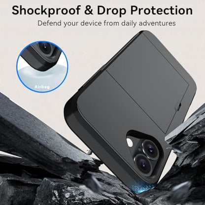 Qinmay Compatible with iPhone 16 Case with Card Holder, Dual Layer Shockproof,Heavy Duty Protective Hidden Slot Slim Wallet Phone Cover ，Black - color: Black, size: for iPhone 16