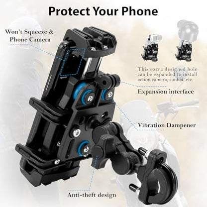 EMERK Motorcycle Phone Mount - Anti-Shake Phone Holder with Vibration Dampener Fits 4.7''-7.2'' Smartphones, Adjustable Heavy-Duty Handlebar Mount for Bike Bicycle Scooter ATV (0.5''-1.3'' Handlebars)