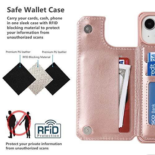 iCoverCase Compatible with iPhone 14 Wallet Phone Case with Card Holder for Women, RFID Blocking Embossed PU Leather Wrist Strap Case 6.1 Inch (Macaron Rose Gold) - color: P-Rose Gold