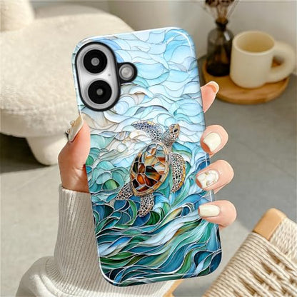 Case Compatible with iPhone 16, Cute Dual Layer Hybrid Phone Cover, Military Grade Drop Protection, Aesthetic Shockproof Phone Case for Women Girls, Stained Glass Sea Turtle - color: Stained Glass Sea Turtle, size: Iphone 16