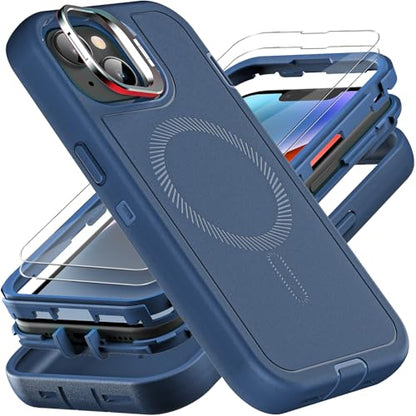 YKHJKLEC for iPhone 13/14 Case, Military Grade 3 in 1 Heavy Duty Shockproof/Drop Proof/Dust Proof with Kickstand Case, with 2 x Tempered Glass Screen Protector (ZJ-Navy Blue) - color: ZJ-Navy Blue