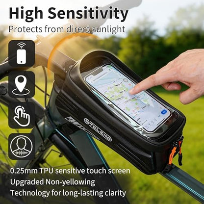 Bike Phone Bag with TPU Sensitive Touch, Waterproof Top Tube Bicycle Front Frame Bag, 1.9L Large Capacity EVA Hard Shell Mount Bike Phone Holder Bag Under 7", Handlebar Bag Bike Accessories