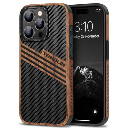 TENDLIN Compatible with iPhone 15 Pro Case Wood Grain with Carbon Fiber Texture Design Leather Hybrid Slim Case (Three Stripe) - color: Three Stripe, size: iPhone 15 Pro