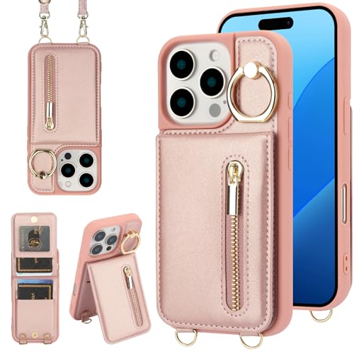 Crossbody Wallet Case for iPhone 12 Pro Max, with Card Slots Zipper Pocket Case, Flip Folio Purse RFID Blocking with Ring Kickstand Detachable Strap-Pink - color: Pink, size: iPhone 12 Pro Max(6.7")