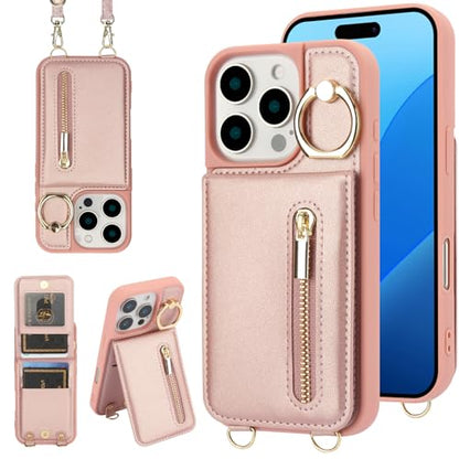 Crossbody Wallet Case for iPhone 12 Pro Max, with Card Slots Zipper Pocket Case, Flip Folio Purse RFID Blocking with Ring Kickstand Detachable Strap-Pink - color: Pink, size: iPhone 12 Pro Max(6.7")