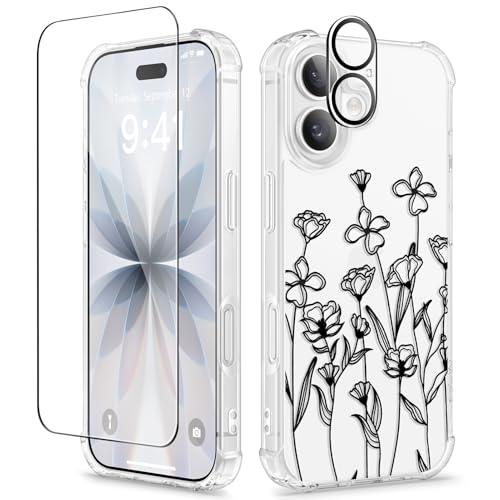 GVIEWIN for iPhone 17 Case Floral, Slim Clear Non-Yellowing | Shockproof Protective, Screen Protector+Camera Lens Protector, Women Phone Case for iPhone 17 6.3", Sketch/Black - color: Sketch/Black