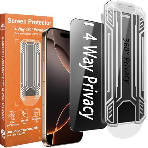 360° 4-Way Anti-Spy Tempered Glass Privacy Screen Protector for iPhone 16 Pro Max - 2-Pack, Shatterproof, Scratch-Resistant, Easy Mounting Frame Included - size: for iPhone 16 Pro Max