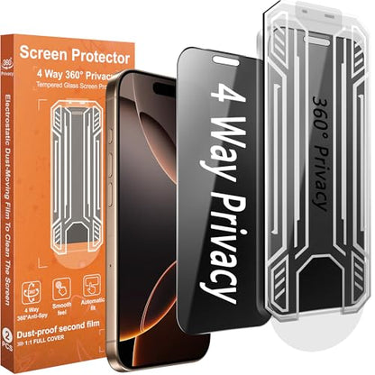 360° 4-Way Anti-Spy Tempered Glass Privacy Screen Protector for iPhone 16 Pro Max - 2-Pack, Shatterproof, Scratch-Resistant, Easy Mounting Frame Included - size: for iPhone 16 Pro Max