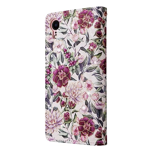 UEEBAI Wallet Case for iPhone XR, PU Leather Phone Case Kickstand RFID Blocking Flip Case with Card Slots Wrist Strap Relief Engraved Pattern Magnetic Closure Folio Case - Violet - color: Violet