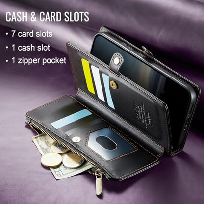 Defencase for Samsung Galaxy S25 Wallet Case with RFID Card Holder, Black | Durable Soft PU Leather, with Zipper Pocket, Wrist Strap, Fashion Snap Flip S25 Phone Cases Cover with Stand for Women Men - color: Black
