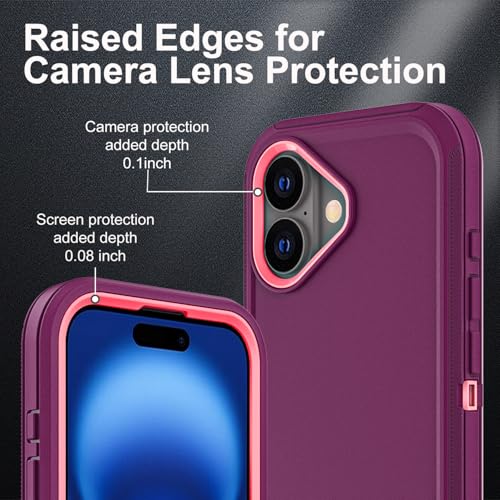 YKHJKLEC for iPhone 16 Case, Military Grade 3 in 1 Heavy Duty Shockproof/Drop Proof/Dust Proof Case with 2Pcs Tempered Glass Screen Protector (Purple/Pink) - color: Purple/Pink