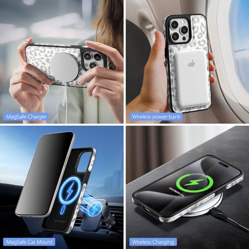 SkyEagle Compatible with MagSafe iPhone 15 Pro Wallet Case,Leopard-White - color: Leopard-White, size: iPhone 15 Pro - 6.1"