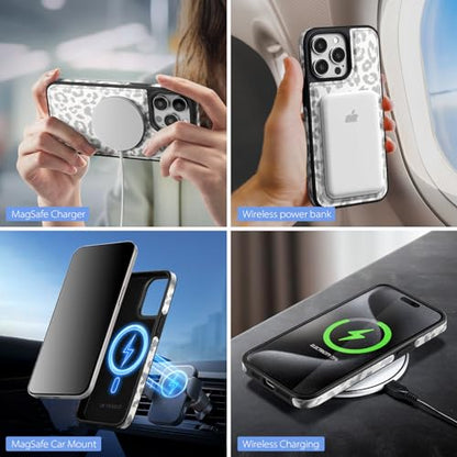 SkyEagle Compatible with MagSafe iPhone 15 Pro Wallet Case,Leopard-White - color: Leopard-White, size: iPhone 15 Pro - 6.1"