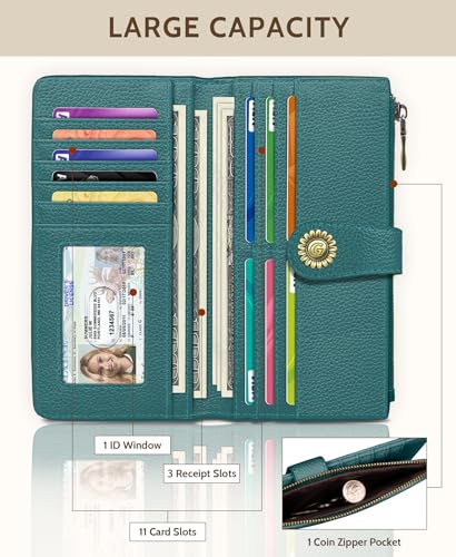 GIANCOMICS Teal Blue Womens Wallet RFID Blocking, Credit Card Holder Bifold | Billfold, Cute Cash Purse, Travel Zipper Coin Pocket, Compact Clutch, PU Leather, ID Window, 11 Card Slots, Ladies Gift Woman - color: A Solid Teal