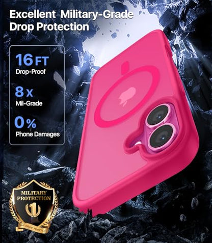 CAHEJILU Magnetic for iPhone 16 Case,[Compatible with MagSafe][Military Grade Drop Protection] Anti-Fingerprint Translucent Matte Shockproof Protective Case for iPhone 16 Phone Case 6.1",Hot Pink - color: A6-Hot Pink