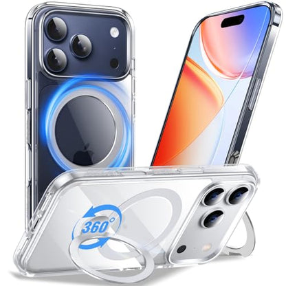 Anqrp 360° All-in-ONE Crystal Clear Case for iPhone 17 Pro Max with Rotatable Magnetic Stand, Compatible with Mag-Safe, Anti-Yellowing Transparent MIL-Grade Shockproof Phone Case Cover