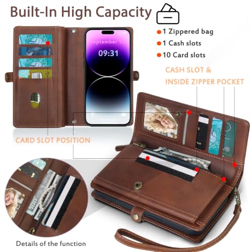 for Wallet Case Compatible with iPhone 14 Pro Max,Multi-Function Detachable 2 in 1 Magnetic iPhone 14 Pro Max Case Wallet,Flip Strap Zipper Card Holder Phone Case with Shoulder Straps(Brown) - color: Brown, size: iPhone 14 pro max