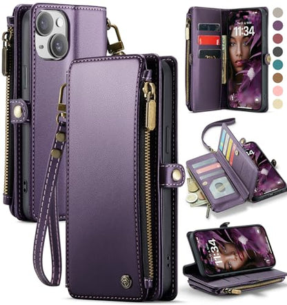Defencase for iPhone 14 Plus Wallet Case with RFID Card Holder, Purple | Durable Soft PU Leather, with Zipper Pocket, Wrist Strap, Fashion Snap Flip Phone Cases Cover with Stand for Women and Men - color: Purple