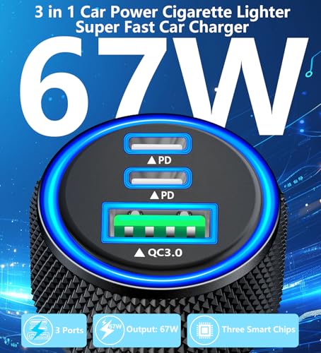 Apple MFi Certified iPhone 18 Pro Car Charger, 67W 3-Port USB-C Car Charger - color: Carbon Fiber Black