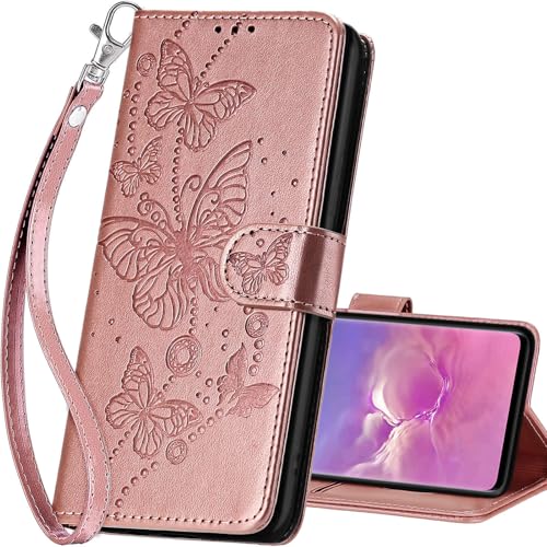 for Samsung Galaxy S10 Wallet case, Rose Gold-Butterfly | 3 Card Holders, Kickstand, Shockproof TPU Shell, PU Leather, Magnetic Closure, Protective Flip Folio Cover, Women - color: 6