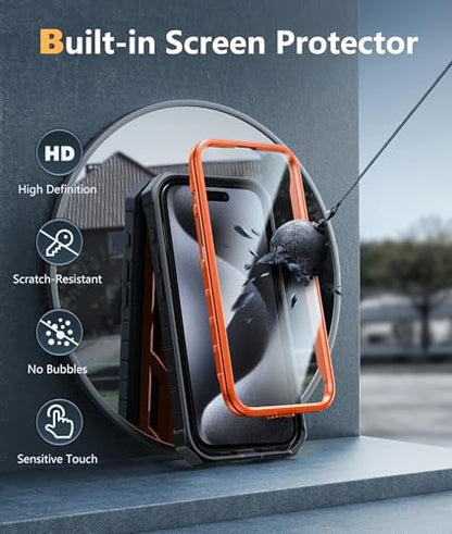 FNTCASE for iPhone 15 Pro Max Case, Built-in Screen Protector, Kickstand | Military-Grade Drop Protection, Anti-Slip Matte Textured, Rugged Heavy Duty Shockproof TPU Protective Cover - color: Orange