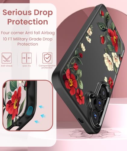 Crystal Clear Flower Pattern Case for Samsung Galaxy S26 FE-Black | Girl Women Slim Soft TPU + Hard PC Military Grade Protective Phone Cover WithTempered Glass Screen Protector for S26 FE - color: S26 FE-Black