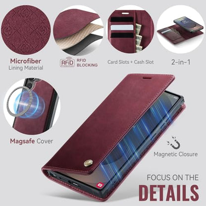 for Samsung Galaxy S25 Ultra 2in1 Detachable Wallet Case, Burgundy | Compatible with Magsafe, Magnetic, RFID Blocking Card Holder, Shockproof, Kickstand, Wireless Charging, PU Leather Flip Cover - color: Retro Burgundy, size: Galaxy S25 Ultra - 6.9"
