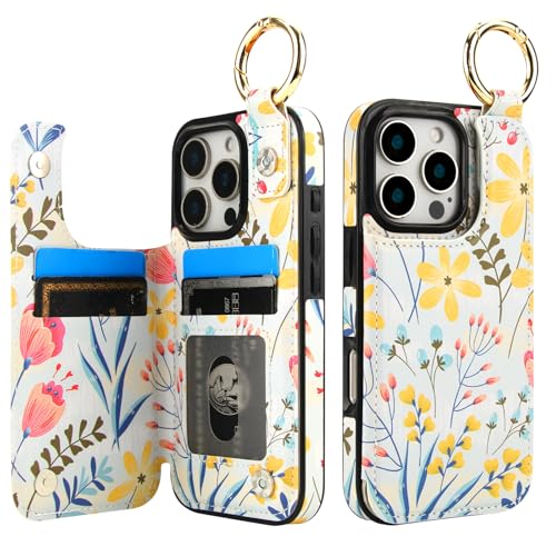 HAOPINSH for iPhone 16 Pro Wallet Case with Card Holder, Floral Flower Print Back Flip Folio PU Leather Kickstand Card Slots Case, Finger Grip Ring Double Magnetic Clasp Shockproof 6.3" - color: Floral Flower Grip Ring