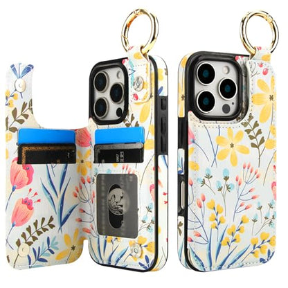HAOPINSH for iPhone 16 Pro Wallet Case with Card Holder, Floral Flower Print Back Flip Folio PU Leather Kickstand Card Slots Case, Finger Grip Ring Double Magnetic Clasp Shockproof 6.3" - color: Floral Flower Grip Ring