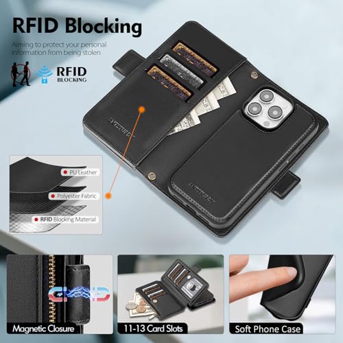 Antsturdy Compatible with MagSafe iPhone 13 Pro Wallet Case,Black | Detachable Magnetic Credit Card Holder,RFID Blocking,PU Leather Zipper Purse,Wrist Strap Kickstand,Flip Phone Cover for Women - color: (Detachable with Magsafe)-Black