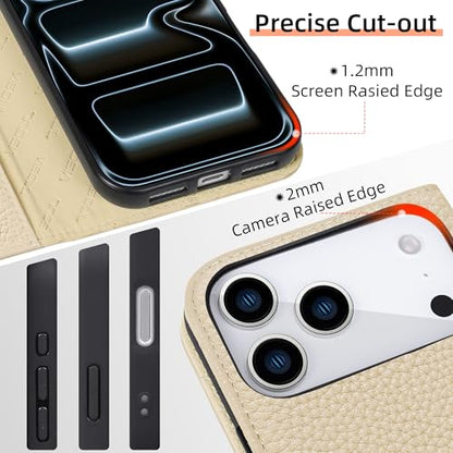 VISOUL Pebbled Leather Wallet Case for iPhone 17 Pro Max 6.9" 2025, Genuine Leather Flip Folio Cover with RFID Blocking Card Holders, Kickstand, Soft TPU Protective Flip Cover-(White+White) - color: White+White