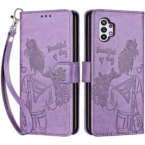 for Samsung Galaxy A32 5G Wallet case, Purple-Girl | 3 Card Holders, Kickstand, Shockproof TPU Shell, PU Leather, Magnetic Closure, Protective Flip Folio Cover, Women - color: 2